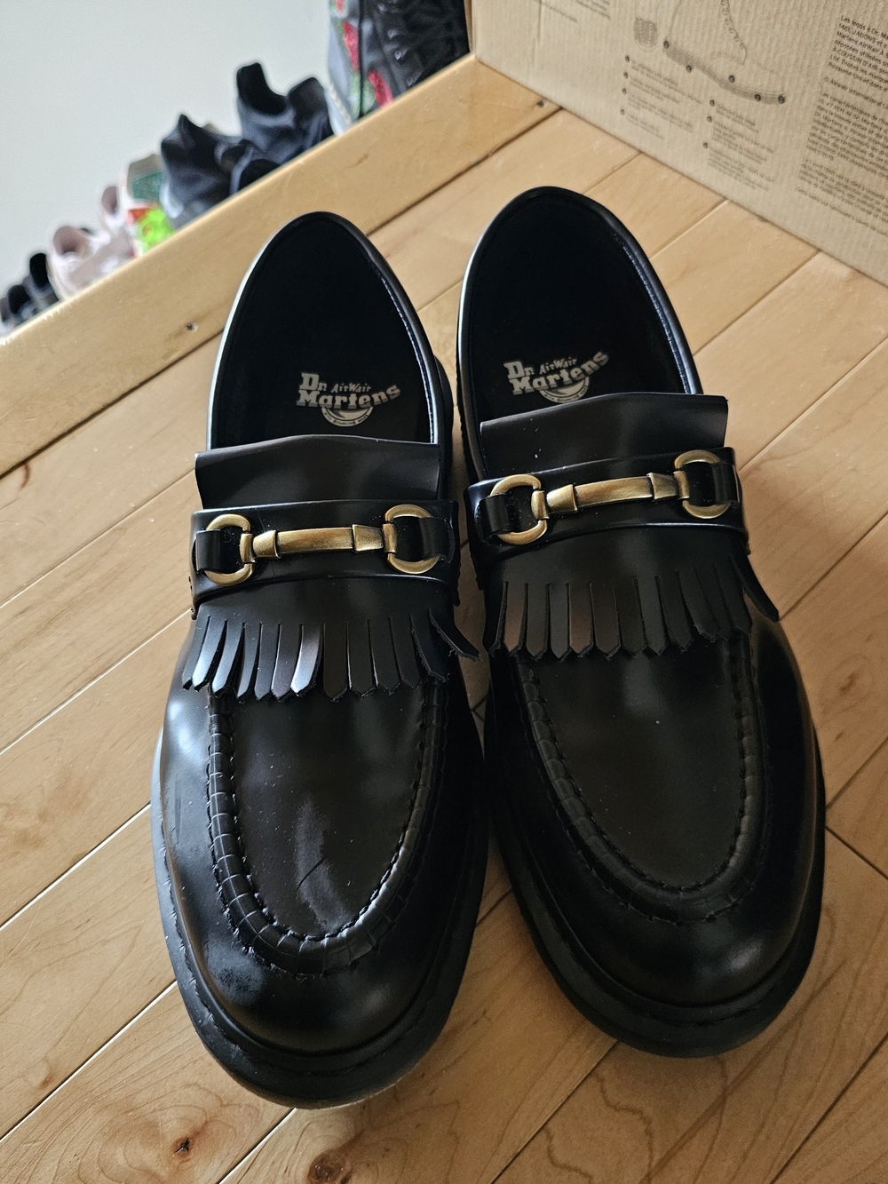 Dr. Martens Black Leather Kiltie Loafers with Gold Horsebit